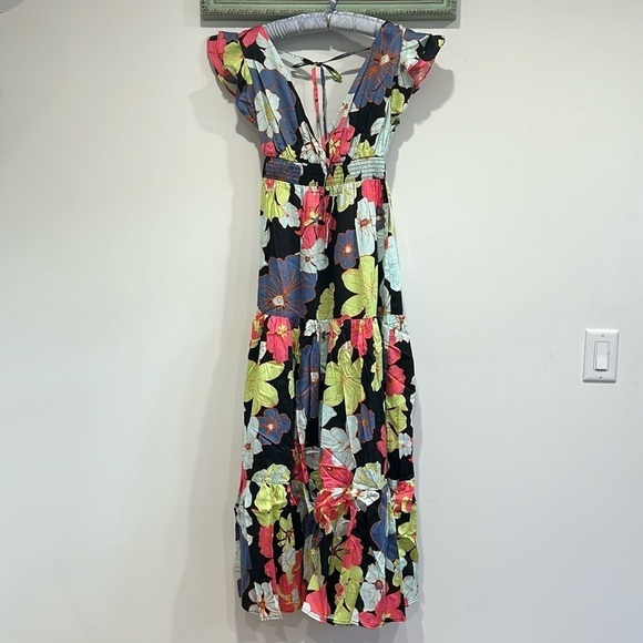 ModCloth Honolulu floral black ruffle cap sleeve tiered maxi dress small new - Picture 3 of 10